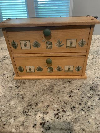 Vintage Hanging Wood Spice Rack With 2 Doors And 2 Pull Out Drawers.