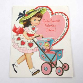 Vintage Glittered Valentine Card Girl Baby Doll In Buggy Tea Party Buzza Cardozo