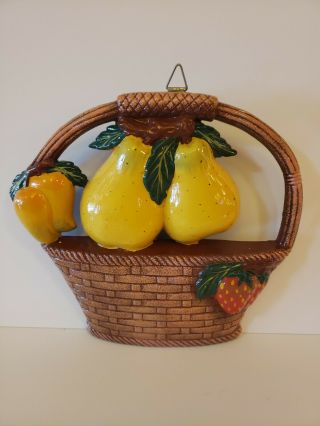 Vintage Fruit Basket Hand Painted Plastic Wall Hanging Plaque Pears Strawberry
