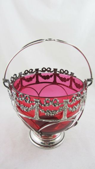 Antique Victorian English Silver Cranberry Glass Basket Stunning