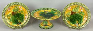 Antique Villeroy & Boch Majolica Pottery Compote & 2 Matching Plates