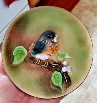 Vintage Mid Century Norman Brumm Enamel Over Copper Bird Plate Baby Robin 6 "