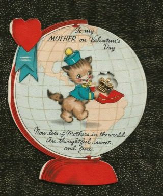 Vintage Die Cut Hallmark Valentine For Mother Globe Tabby Cat Crown Charm