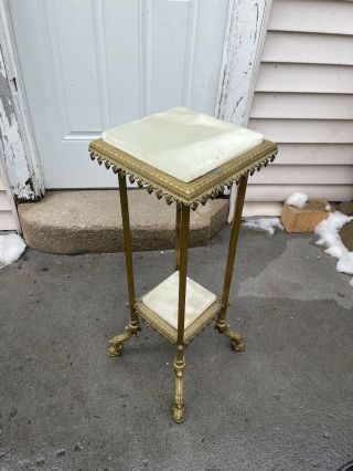 Antique Victorian Brass & Onyx Marble 2 Tier Fern Plant Stand Table