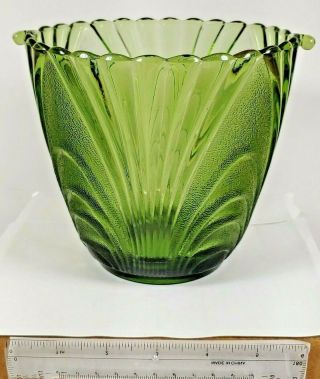 Vintage Green Glass Ice Bucket With Textured Design 5.  5 " Tall Scallop Top