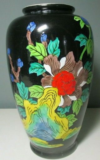 Vintage Kinkozan Pottery 9.  5 " Flower Vase Gloss Black W/floral Design Japan