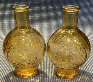 Vintage Wheaton Round Bottle Amber American Eagle And Stars Matching Pair.