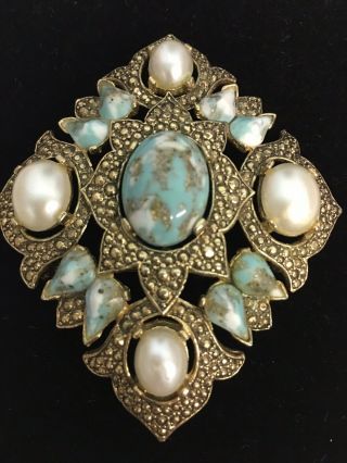 Vintage Sarah Coventry Faux Turquoise Pearl Cabochon Remembrance Pendant Brooch