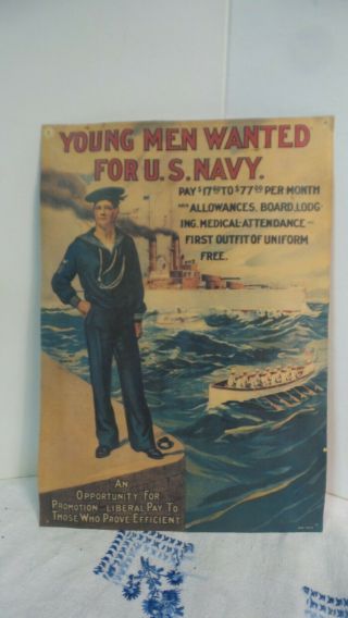 Vtg Ww11 Young Men Wanted For U.  S.  Navy Recruitment Poster 14x9 3/4 " Rad 73713