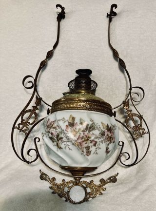 Antique Bradley & Hubbard B&h Hanging Oil Lamp Hp Milk Glass Font Hanger Missing