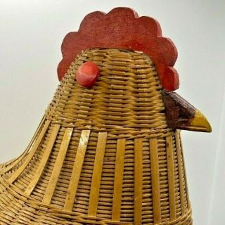 Large Vintage Wicker Rooster Chicken Basket Covered Button Eyes Wooden Tail Beak