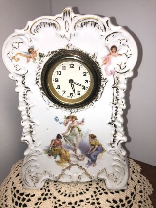 Antique Victoria Carlsbad Austria Porcelain Clock Perfect Angels Fairies