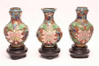 Three Vintage Chinese Cloisonne Miniature Dollhouse Vases 2 " On Wood Stands