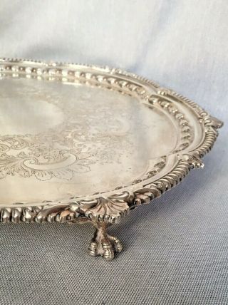 Antique Heavy Silver Plate & Copper 3 Footed Paw Salver Scalloped Tray Platter