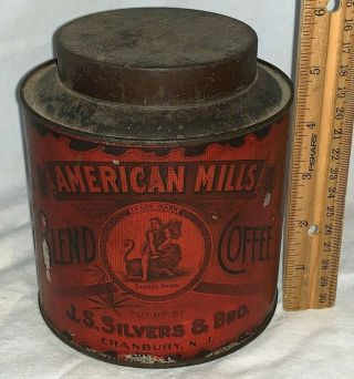 Antique American Mill Coffee Tin Litho Can Cranbury Nj Samson Lion Country Store