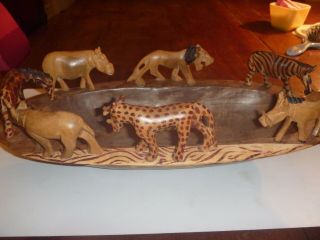 Vintage Hand Carved Wood Bowl With Carved African Animals