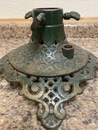 Antique German Christmas Tree Stand Cast Iron Ornate Green Gold Muster Cool