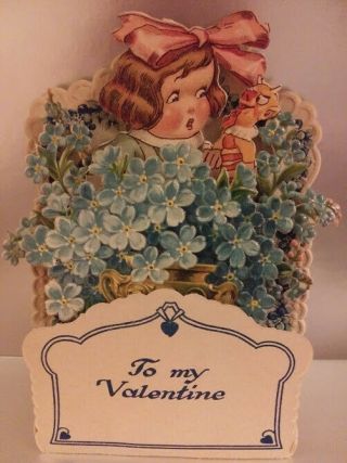 Vintage Fold Out Valentine Card - Little Girl With Jack - In - The Box.  (germany)