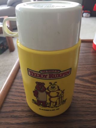 Vintage 80s The World Of Teddy Ruxpin Alchemy,  Inc 1985 Thermos Yellow White Cup