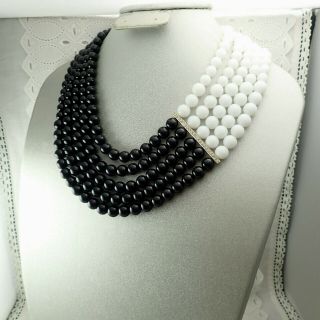 Impressive Vintage 5 Strand Black White Resin Bead 21 1/2 " Swag Necklace