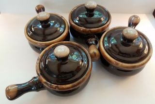 Set Of 4 Vintage Brown Stoneware Crocks Bowls With Lids And Handles.