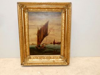 Antique Oil On Board Painting W/ Gilt Frame Chinese Junk Boat In Harbor