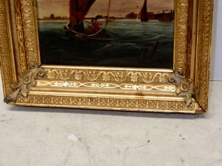 ANTIQUE OIL ON BOARD PAINTING W/ GILT FRAME CHINESE JUNK BOAT IN HARBOR 2