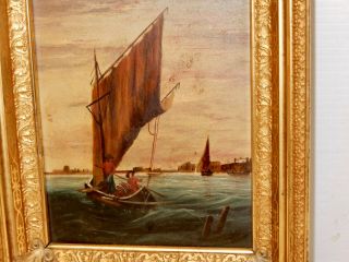 ANTIQUE OIL ON BOARD PAINTING W/ GILT FRAME CHINESE JUNK BOAT IN HARBOR 3
