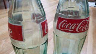 Two 1970 - 1980 Vintage Hard - To - Find 32 Oz.  Coca Cola Green Glass Bottles
