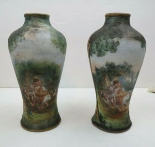 Pair Antique Royal Bayreuth Tapestry Vases Romantic Garden Scene Gobelin Ware