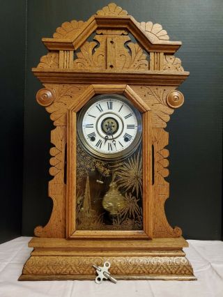 Antique E.  Ingraham Kitchen 8 - Day,  Hour And Half - Hour Strike Oak Clock W/alarm