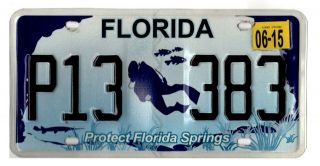 Protect Florida Springs 2015 Florida License Plate P13 383 Scuba Diver