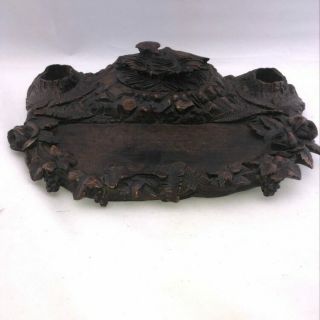 Antique Black Forest Carved Double Inkwell,  Desk Stand Box,  15 " With Bird On Nes