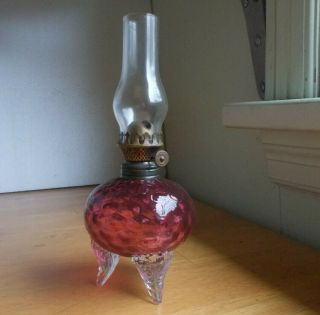 Antique Cranberry Glass Honeycomb Miniature Oil Lamp With 3 Applied Glass Legs