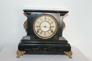 Antique Ansonia Mantle Mantel Clock Shelf Clock Heavy Marble Lion Heads Footed