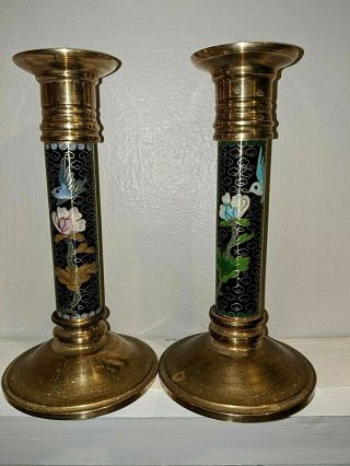 Vintage Chinese Cloisonne And Brass Candlesticks,  Bird & Floral Design