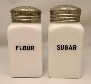 Vintage Hoosier Milk Glass Flour And Sugar Shakers White W/ Black Lettering