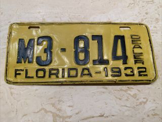 1932 Florida Dealer License Plate M3 814 Hillsborough County