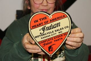 Heart Of America Indian Motorcycle Sales Gas Oil Porcelain Metal Sign
