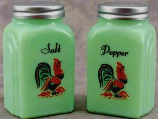 Jadeite Art Deco Roosters Vintage Green Milk Glass Salt & Pepper Shakers