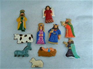 Vintage Stand Up Hand Painted Metal Cut Out Nativity Figures 11 Piece Set