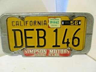 California Yellow License Plate And Frame C 1950 