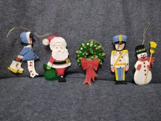 5 Vintage Felt Christmas Ornaments Skater Santa Wreath Snowman Soldier