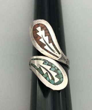 Navajo Turquoise Coral Chip Inlay Adjustable Ring Vtg 70s 5g