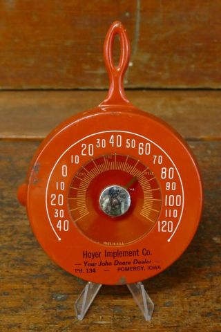 Vintage John Deere Red Metal Skillet Thermometer Hoyer Implement Co Pomeroy,  Ia