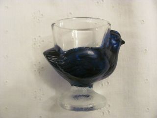 Vintage Glass Egg Cup Clear With Cobalt Blue Hen Or Chicken Marked France