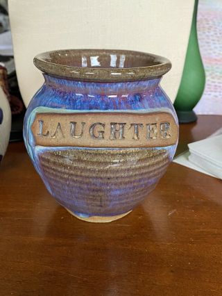 Studio Art Pottery Vase Jar Vintage Ceramics Blue Drip Glaze Home Decor Signed
