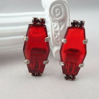 Vintage Red Rhinestone Elongated Open Back Silver Tone 1 3/4 " Clip Earrings