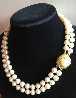 Gorgeous Vintage Double Strand Faux Pearl Necklace Large Gold Tone Clasp