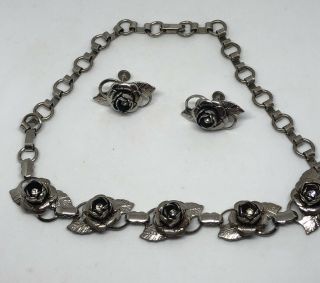 Vintage Silver Tone Rhinestone Rose 16 " Necklace And Screw Back Earring Set 6